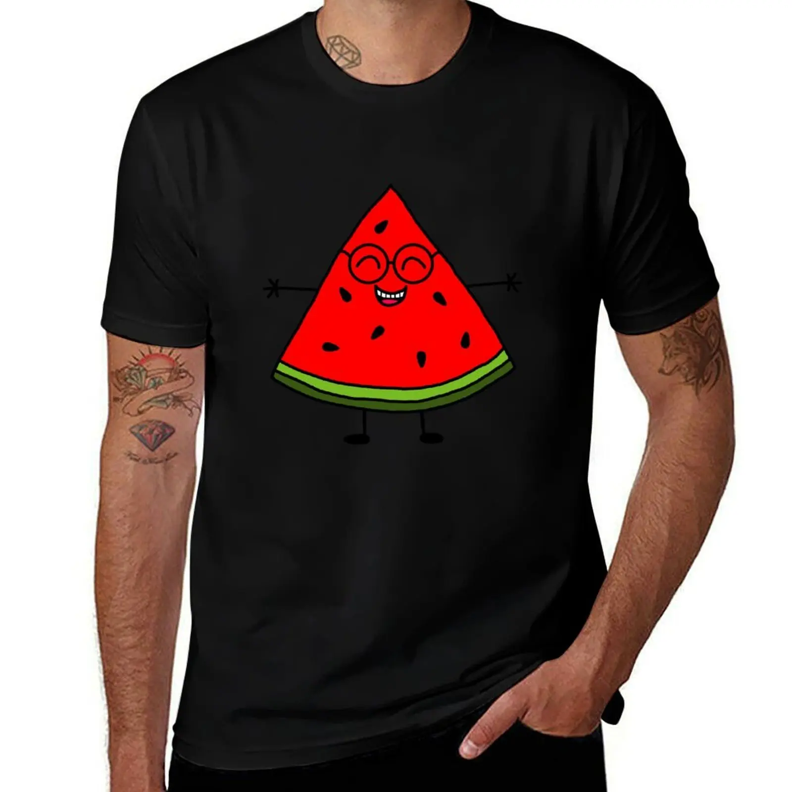 Hugging Watermelon Slice with Glasses T-Shirt Modern Print Casual T-Shirt