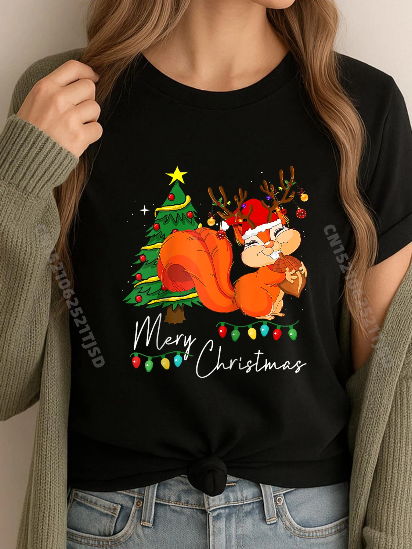 

Симпатичные рождественские огни белки, рождественская дизайнерская футболка реглан, женские забавные подарки, графика