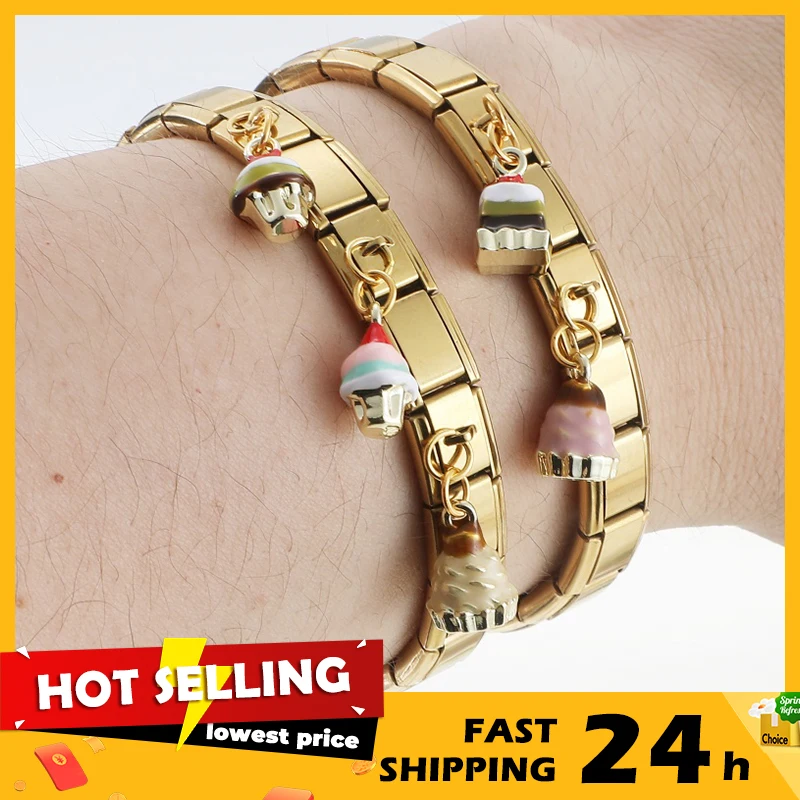 Fashion Dessert Series Cake Waffle Kettle Spoon Pendant Italian Charms Links Stainless Steel Fit 9mm Bracelet Jewelry DIY Making