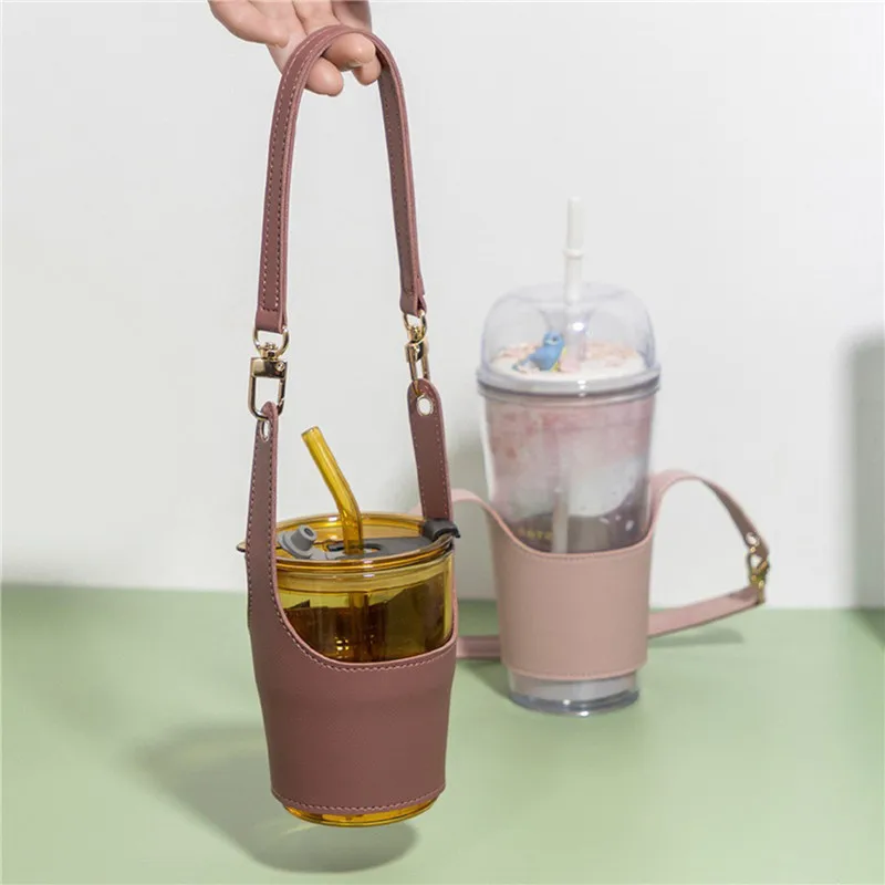 Custodia per coperchio per tazza in pelle Borsa per bottiglia d'acqua portatile Tracolla per il trasporto Tazze isolanti Accessori per tè al latte e caffè