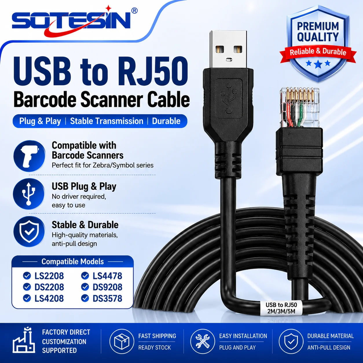 Cabo Leitor de Código de Barras QR USB para RJ50 SOTESIN para Zebra Motorola Symbol DS2278 Li4278 DS8108 2208
