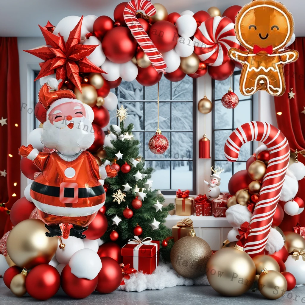 118PCS Christmas Balloon Santa Candy Cane Aluminum Film Gift Box Balloon Red White Christmas New Year Balloon Party Decoration