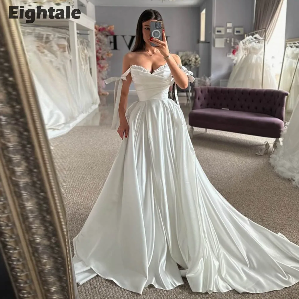 

Eightale Vintage Wedding Dress Satin Customized Off Shoulder A-Line Satin Court Train White Ivory Bridal Gown Vestido De Noiva