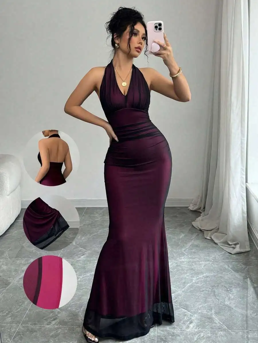 

Elegant Halter Neck V-Neck Mermaid Dress with Pleated Waist and Mesh Trim