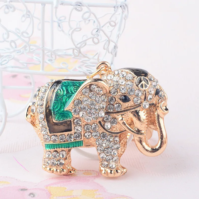 3D Auspicious Elephant Key Holder Chains Whole Enamel Colorful Crystal Bag Pendant Keyrings KeyChains For Women