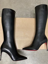 Calf Black Matte Skinny Leather Knee Boots Women Pointed Toe Stiletto Side Zipper Non-Elastic Red Spring Shoes Casual Work Party
