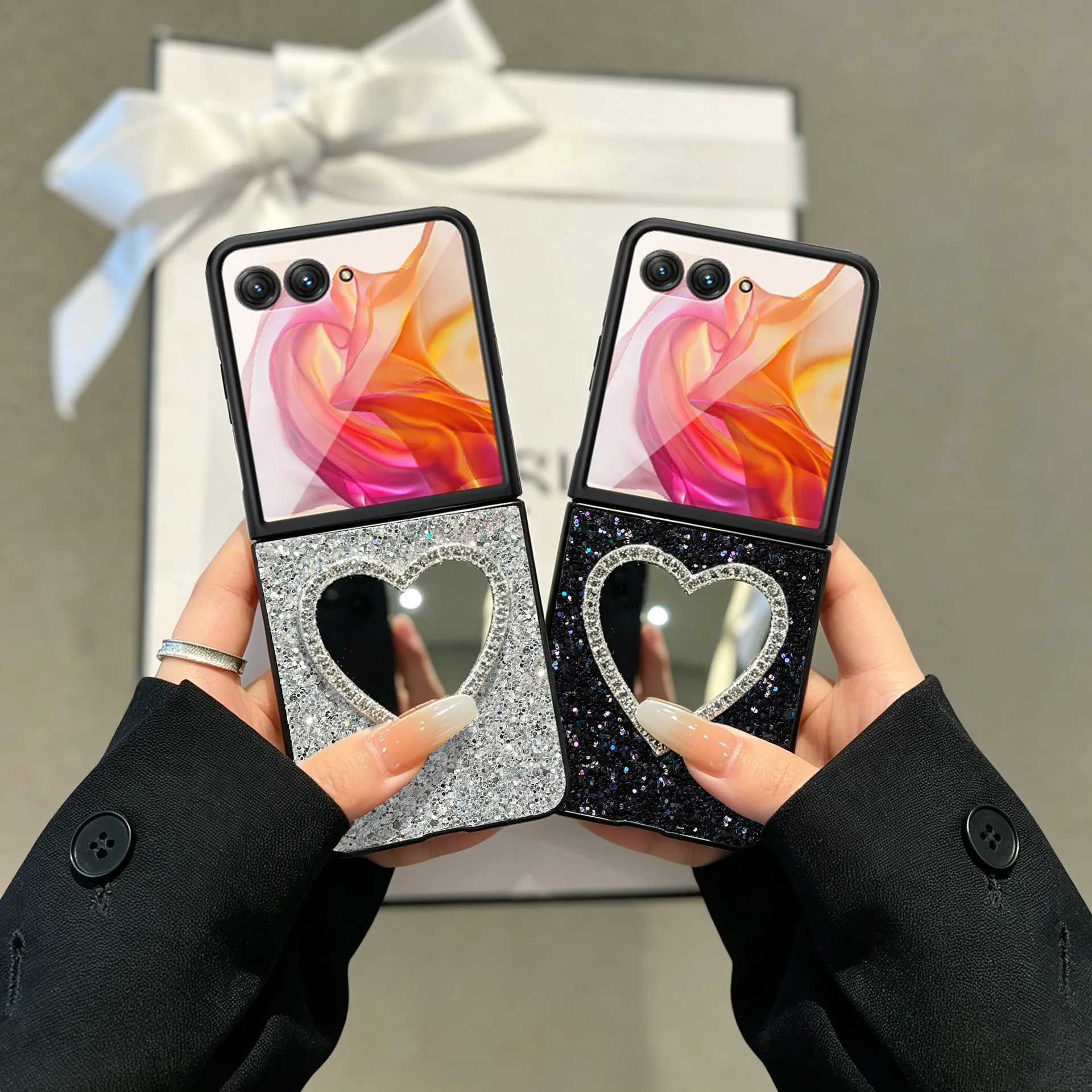 Glitzernde Mode-Leder-Handyhülle für Moto Razr 70 60 50 40 Ultra 2026 2025 + 2024 mit Spiegelglanz und glänzenden Diamant-Strasssteinen