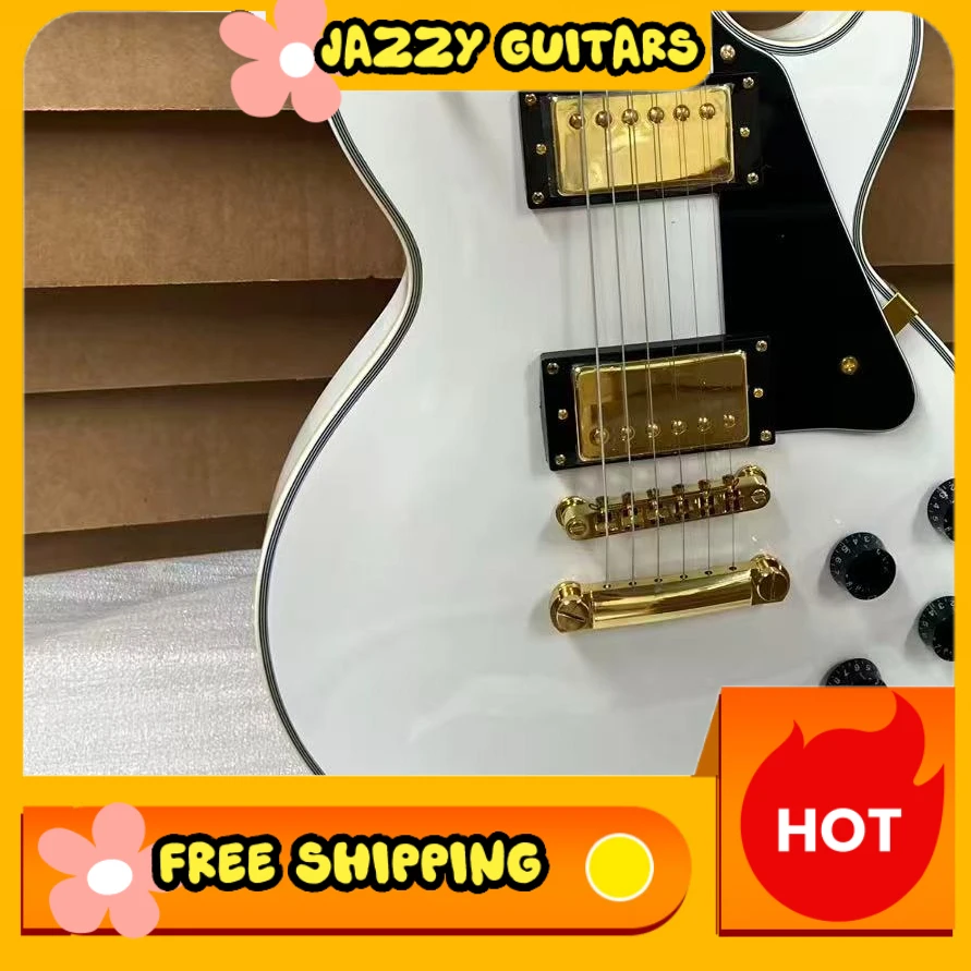 

White LPASA Custom Electric Guitar HH Pickups Gold Hardware Mahogany Body With Black Pickguard For Rock & Metal Free Shipping