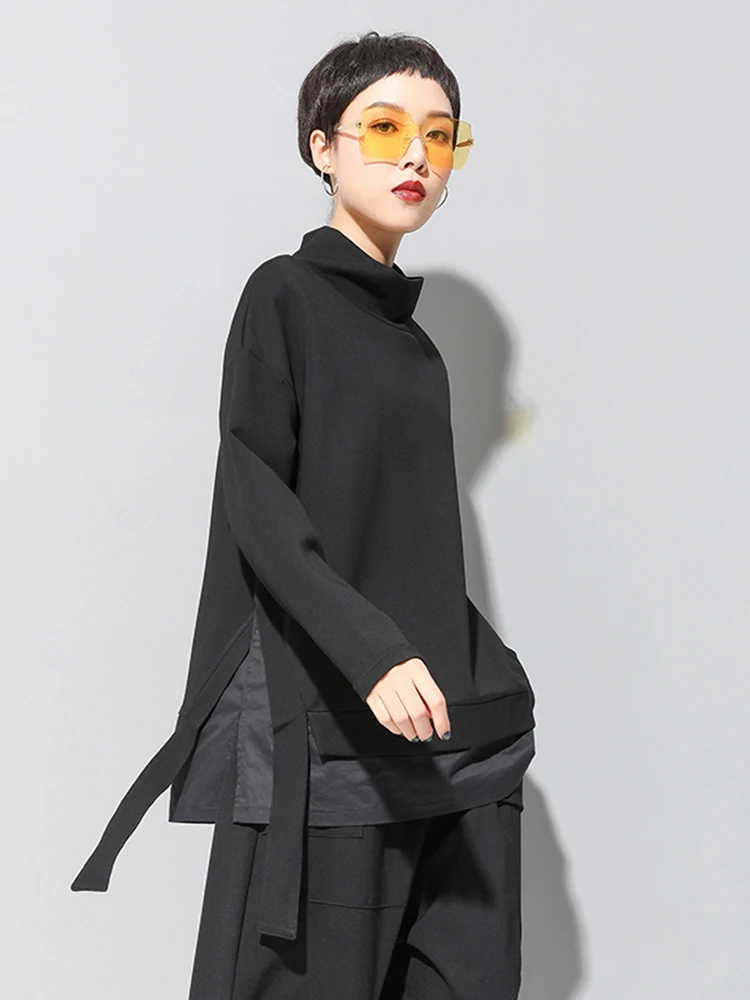 [EAM] Loose Fit Asymmetrical Big Size Sweatshirt New High Collar Long Sleeve Women Big Size Fashion Spring Autumn 2024 19A-a124