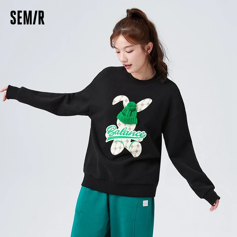 Semir Sweatshirt Women Design Sense Presbyopia Rabbit Loose Niche Trendy Winter Off-Shoulder Fleece Fashion Sweatshirt