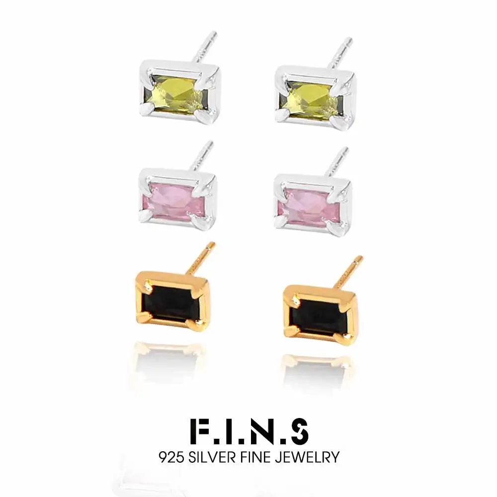 

F.I.N.S Original Korean Simple Small Square S925 Sterling Silver Stud Earrings Black Pink Green Zircon Fashion Ear Fine Jewelry