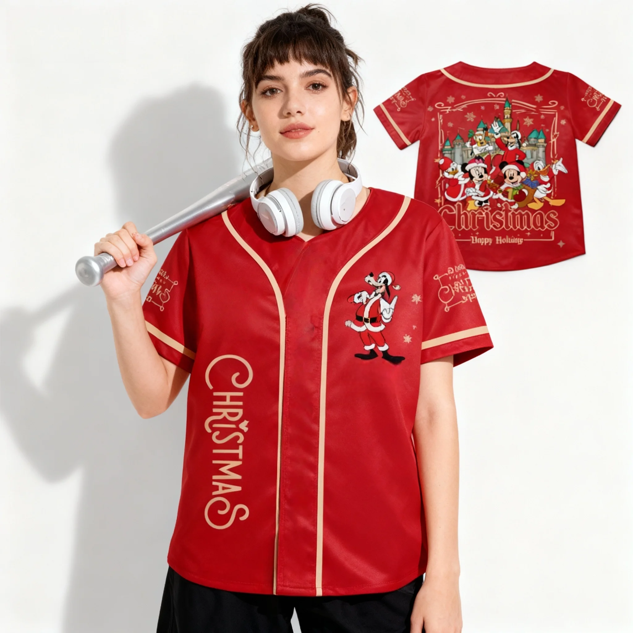 25/26 الصيف ديزني عيد الميلاد جوفي دونالد داك طبعة خاصة المتضخم البيسبول سترة الكبار الوالدين ملابس أطفال الشارع تي شيرت #6