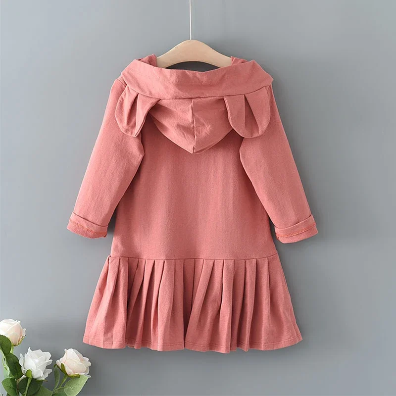 

Fall Kids Girls Hooded Sweatshirt Dress Spring Girl Clothes Cotton Kids Cartoon Rabbit Ears Pleated Girls Casual Dresses