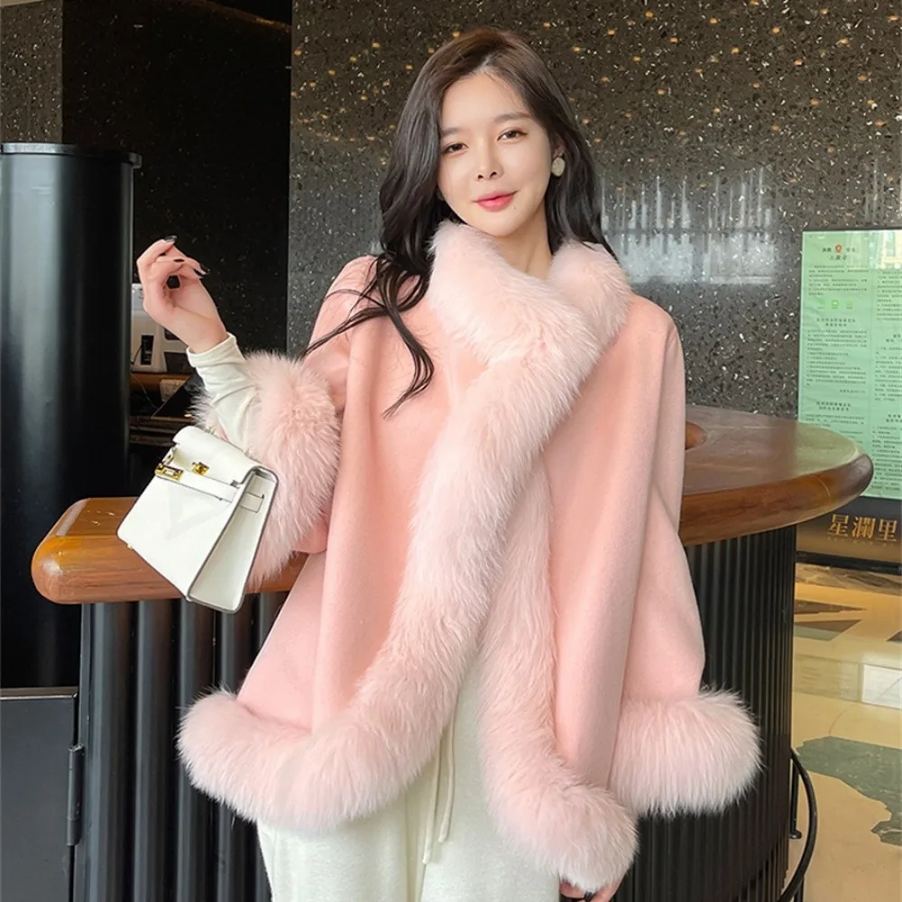 2024 New Women Autumn Real Fox Fur Collar and Cuff Casual Outerwear Long Sleeve Fox Fur Double Side White Woolen Cape Cloak Coat