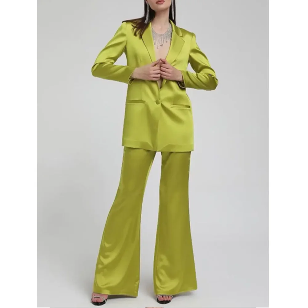 Elegant Fashion Candy Color Smooth Women Suit 2 Piece Jacket Pants Single Breasted Formal Office Lady Slim Fit Female Clothing