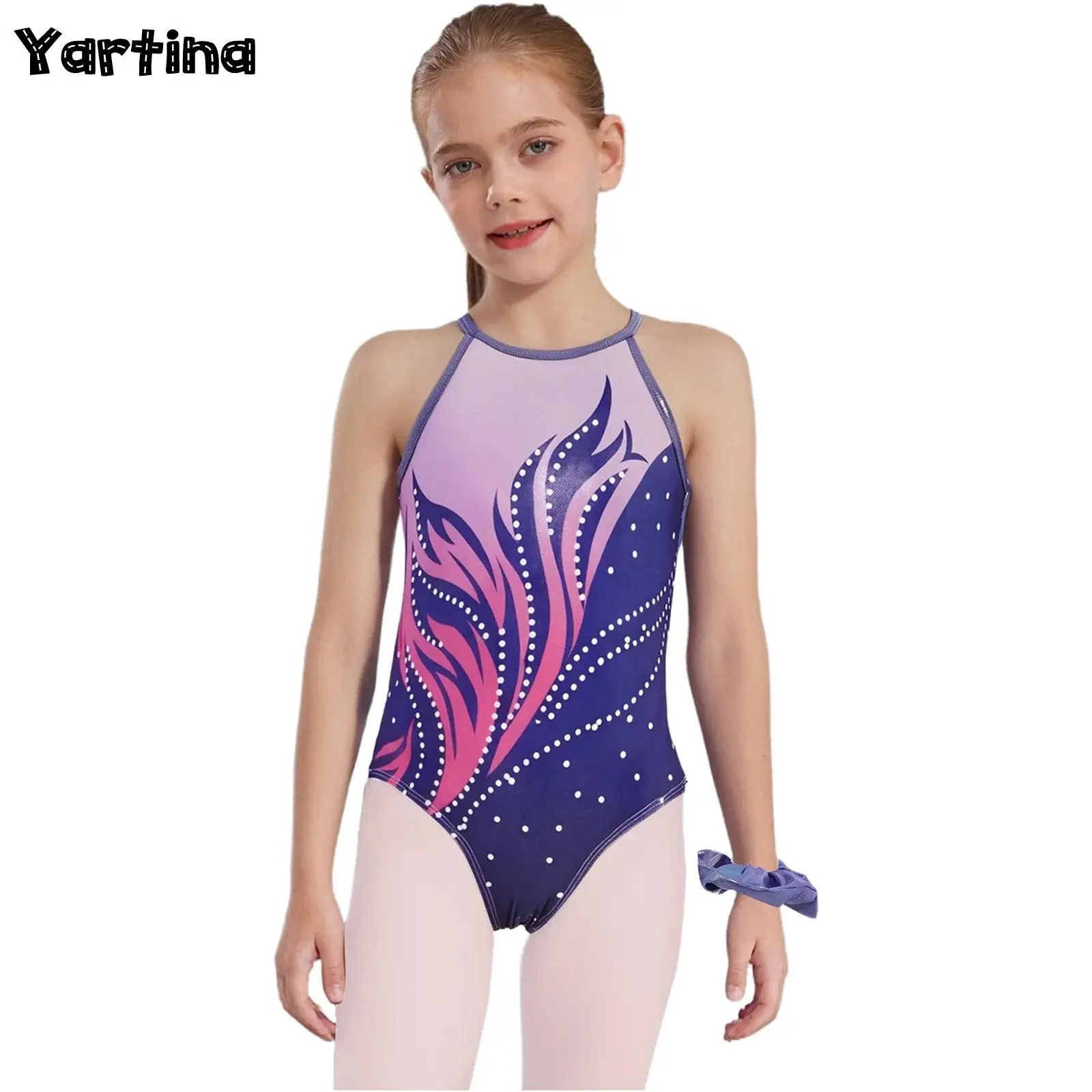 

Kids Girls Rhythmic Gymnastics Ballet Jersey Dance Leotard Costume Metallic Keyhole Back Printed Leotards Bodysuit with Hairband