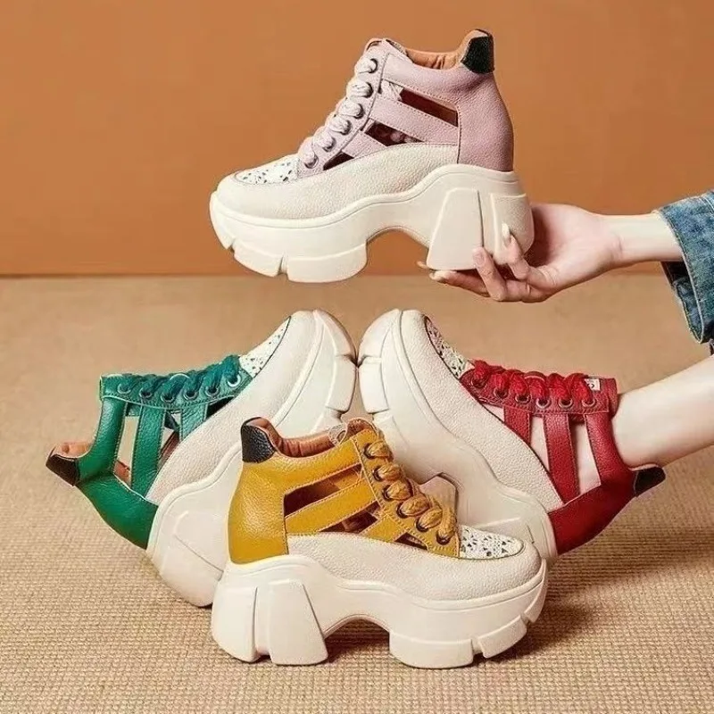

Women's Heels Shoes Summer Sneakers Platform Woman-shoes 2024 Thick Sole Roses Casual Leisure Round Toe Zip PU Retro Rubber