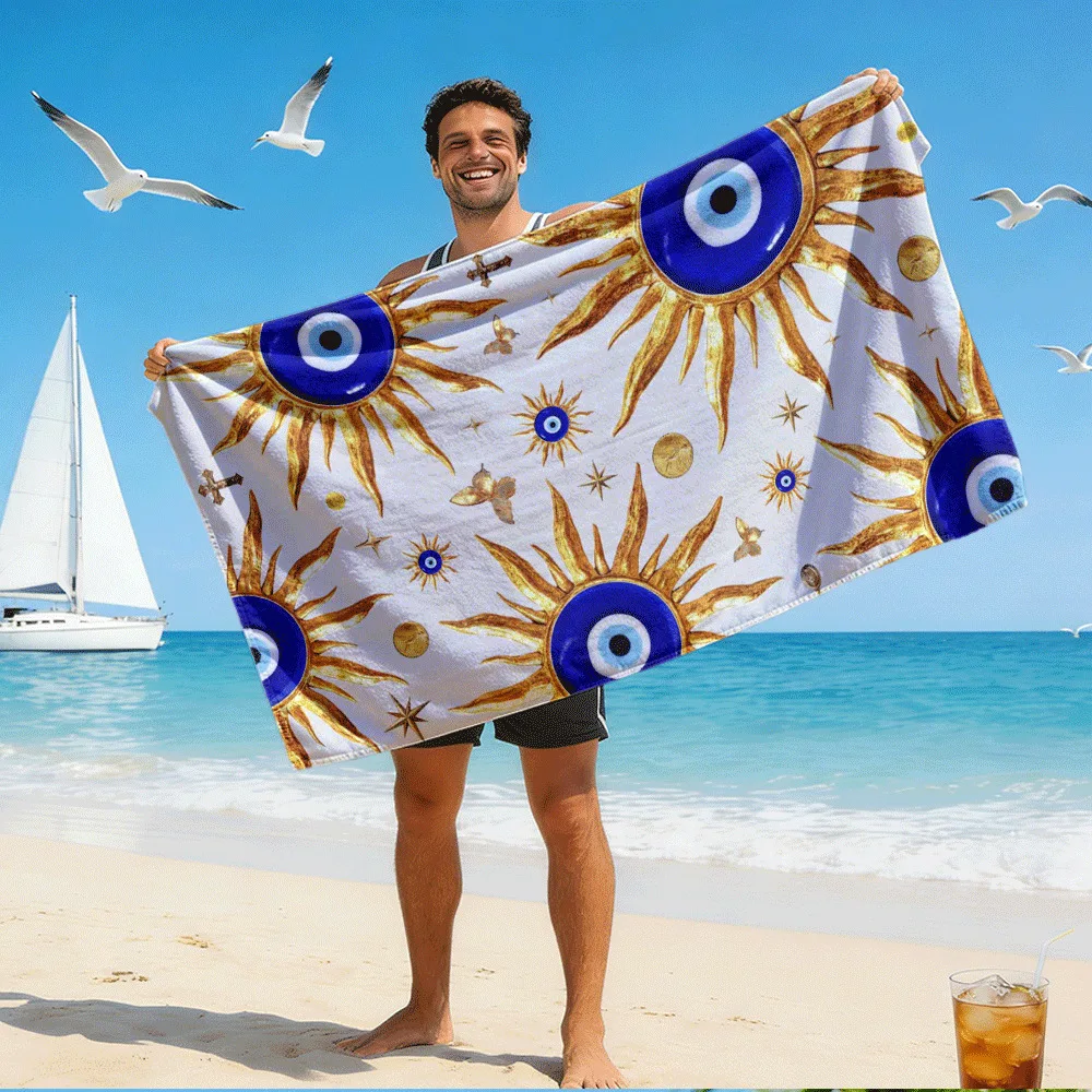 High-definition Digitally Printed Beach Towel with Blue-eyed Golden Glow Mystical Symbol Pattern. Perfect for the Beach Poolside