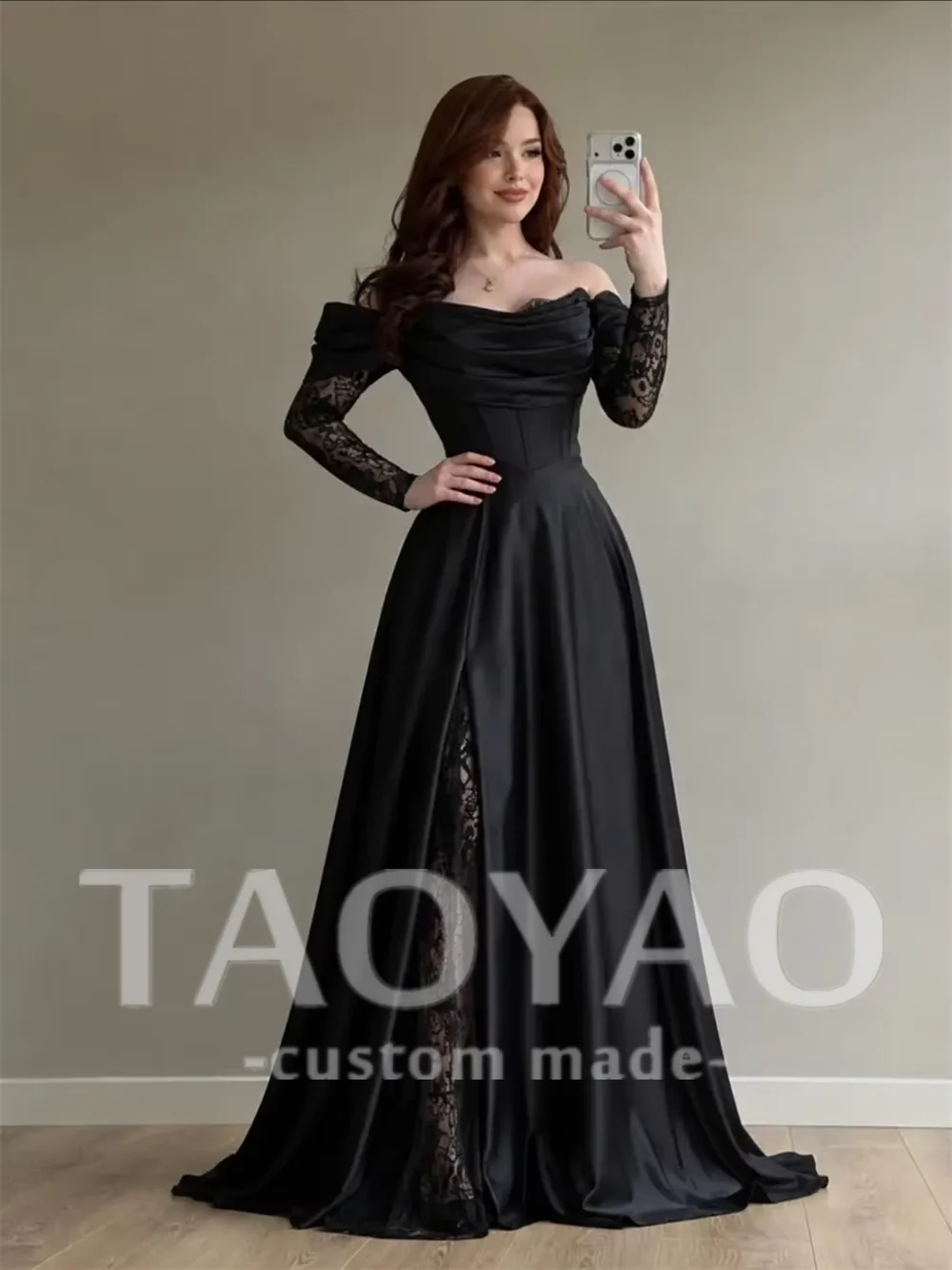 Customizd Off shoulder Lace Long Sleeves Boat Neck A‑line Evening dress Prom dress High Side Split Satin Dreamy Gala gowns
