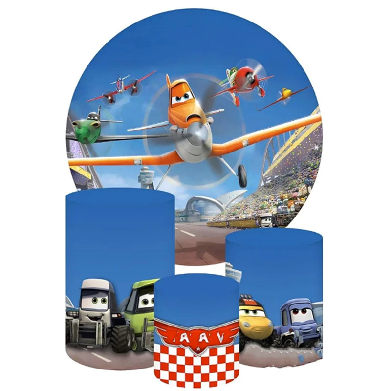 Disney Planes Dusty Round Backdrop 3 Cylinder Plinth Covers Background For Photography Baby Shower Birthday Party Dessert Table