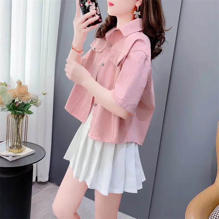 معطف الدنيم المرقعة الكتان المرأة الصيف الحياكة جوفاء خارج بالون الأكمام الحد الأدنى متجدد جيوب بحر خفيفة الوزن OL