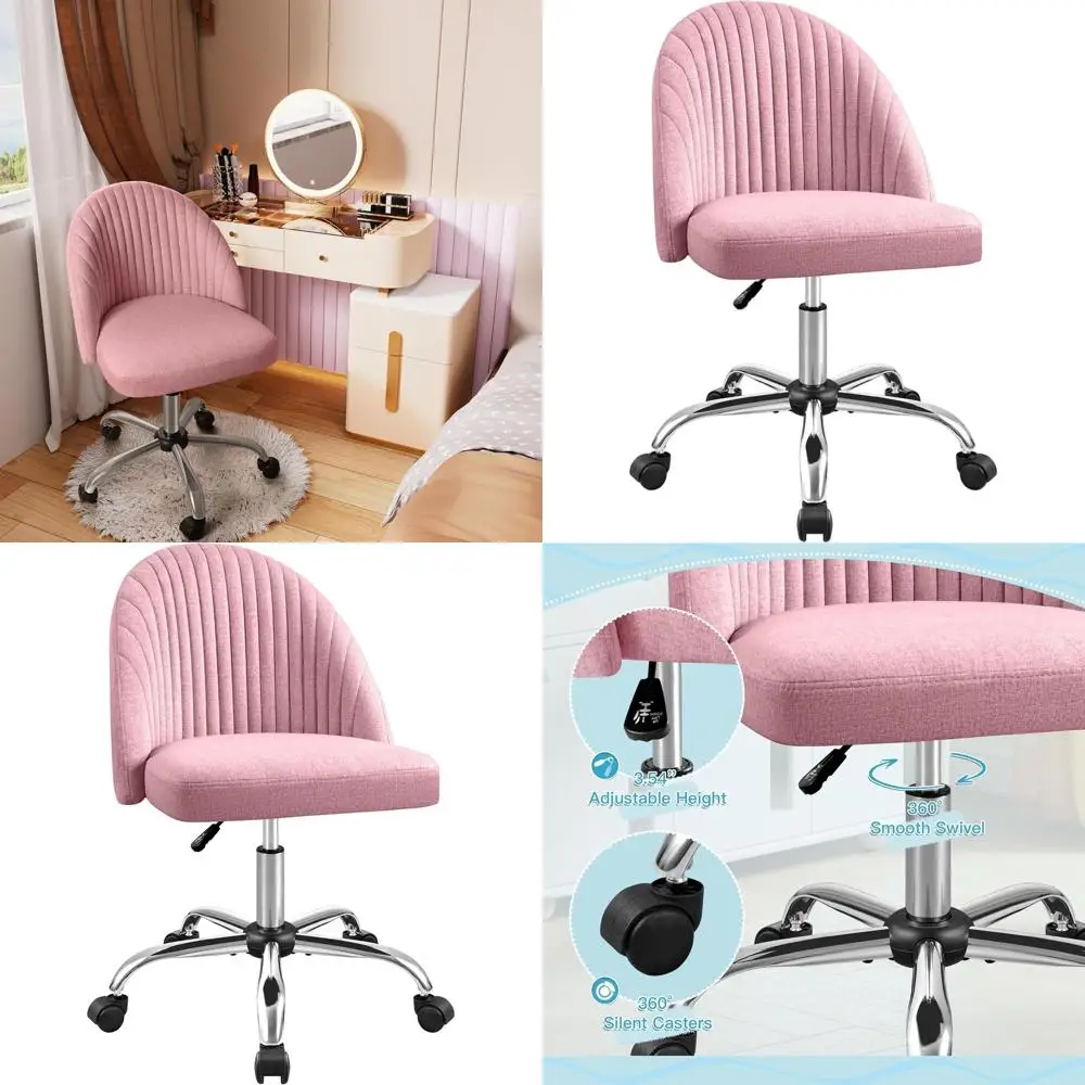 

Modern Fabric Swivel Chair, Adjustable Vanity Desk Chair for Home Office, Pink without Armrests