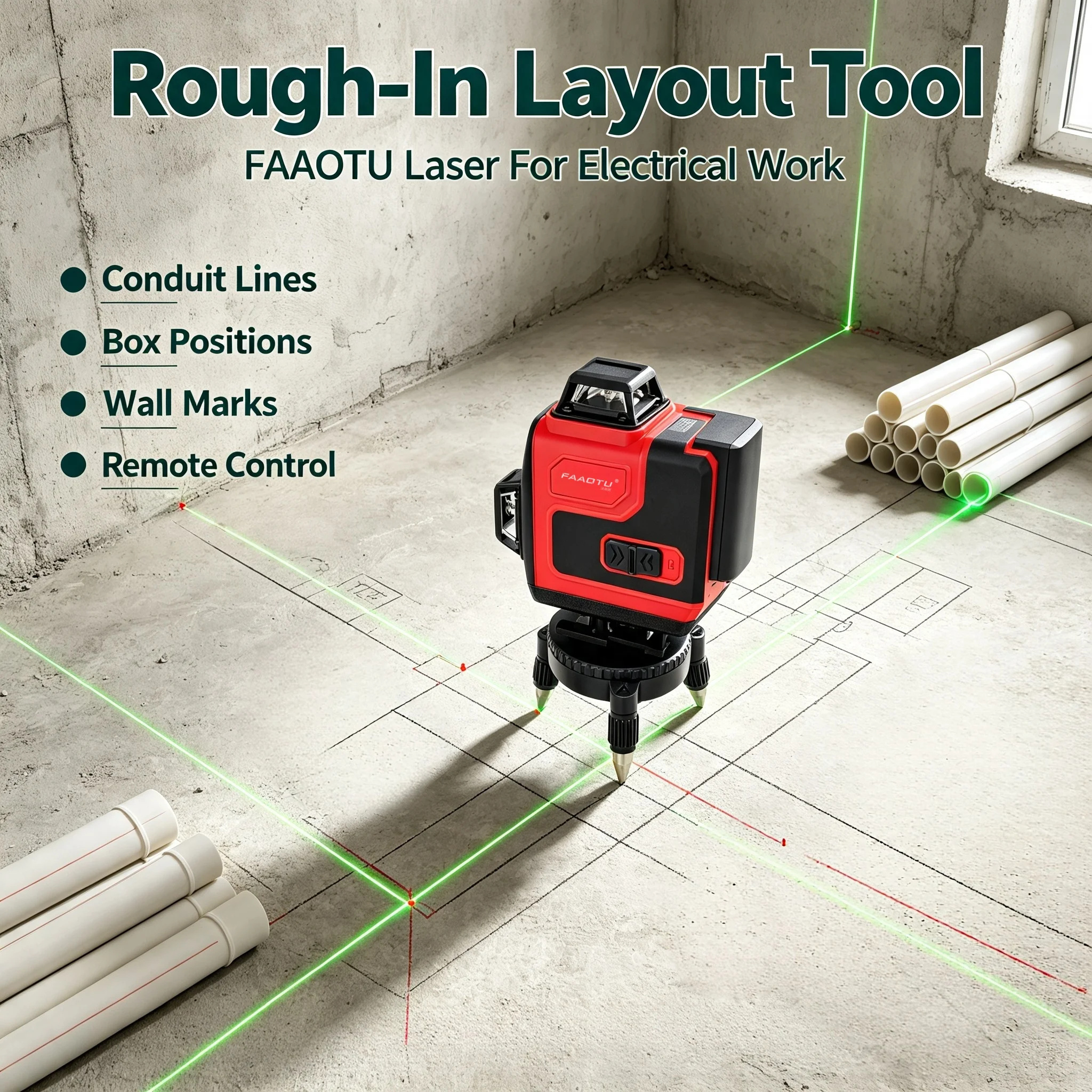 FAAOTU Multi‑Plane Laser Layout Gauge High‑Precision Green Beam Marking Device Rechargeable For Wall‑Ground Positioning Work