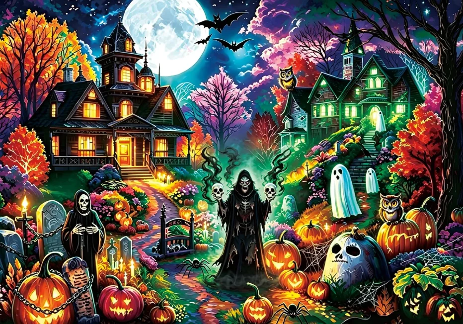 Jigsaw Puzzle 500/1000/1200/2000PCS Halloween Haunted House Grim Reaper Ghost Pumpkin Full Moon Night Home Wall Decor Gift