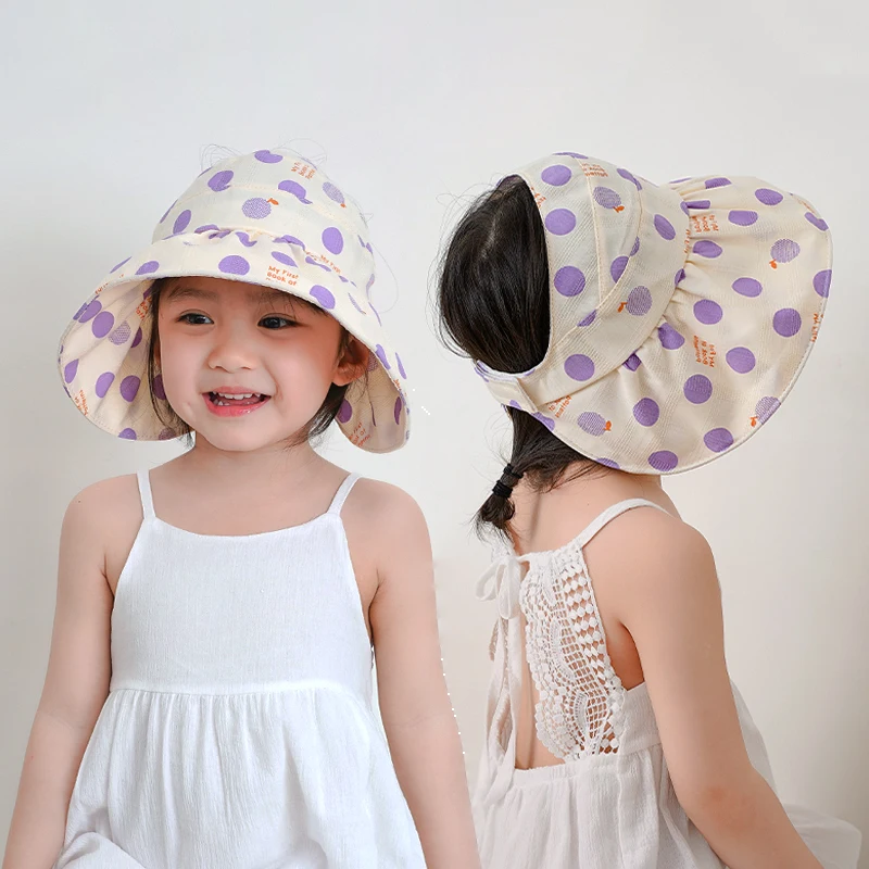 Summer Korean Cute Fashion Kids Foldable Dot Sun Protector Hats Baby Beach Outdoor with Windproof Rope Baseball Caps Headband