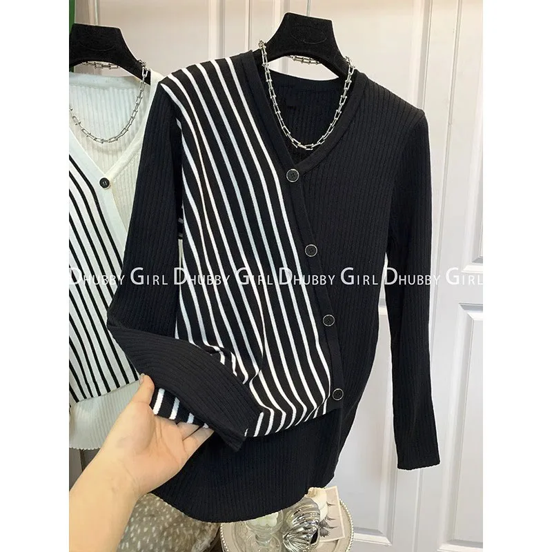 

High Quality Vintage Slim Striped Long-sleeved Chic Autumn And Winter Sweater Girls Tshirts Short Folds Tops For Women