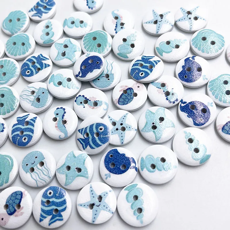 50PCs 15mm Mixed Ocean Sea World Theme Round Wood Buttons Sewing Scrapbooking Clothing Craft Handwork Accessories WB919