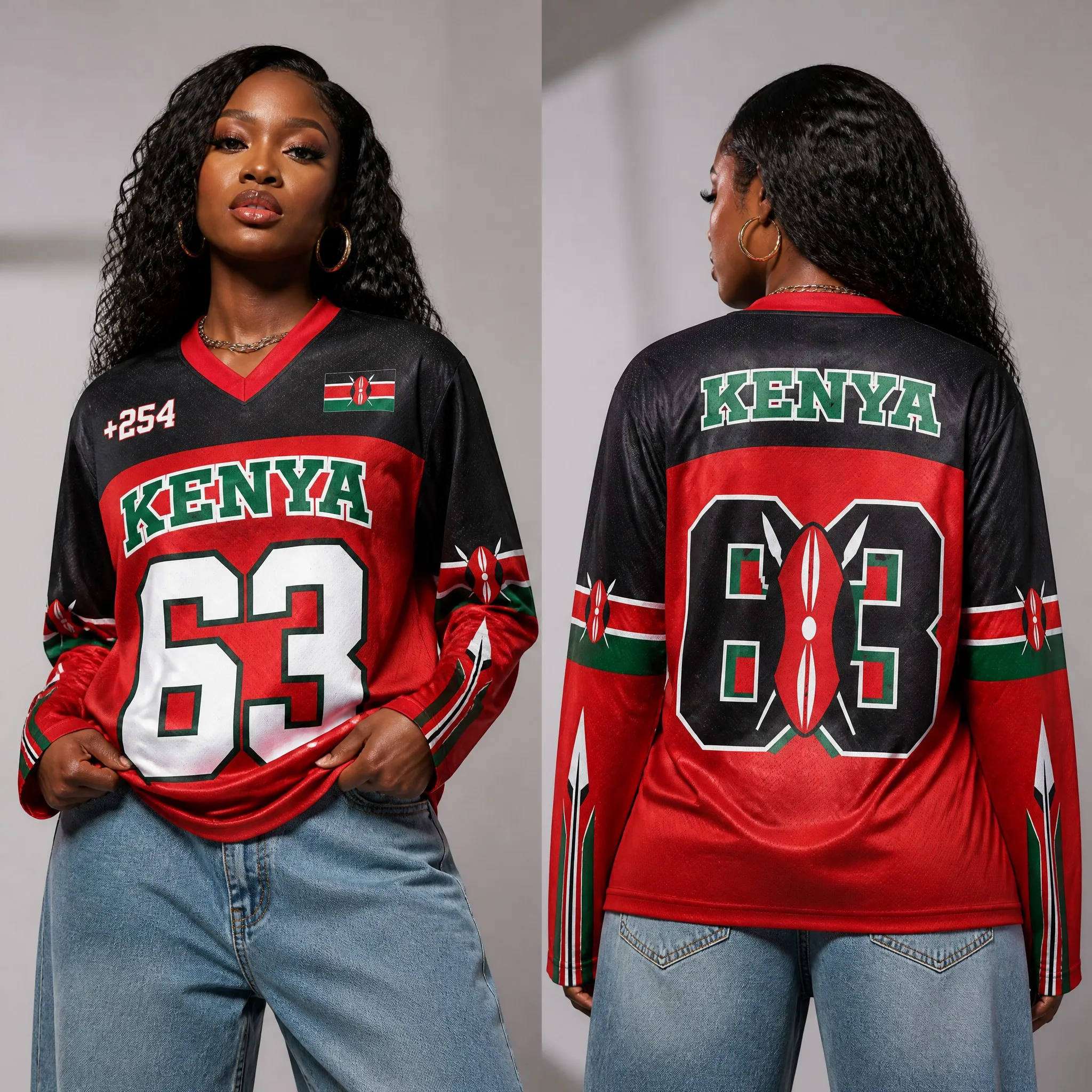 Kenia-Muster Bedrucktes Damen V-Ausschnitt Langarm-Sweatshirt Lässiger Sport-Streetstyle Top Herbst Vielseitiges Damen-T-Shirt – Detail 5