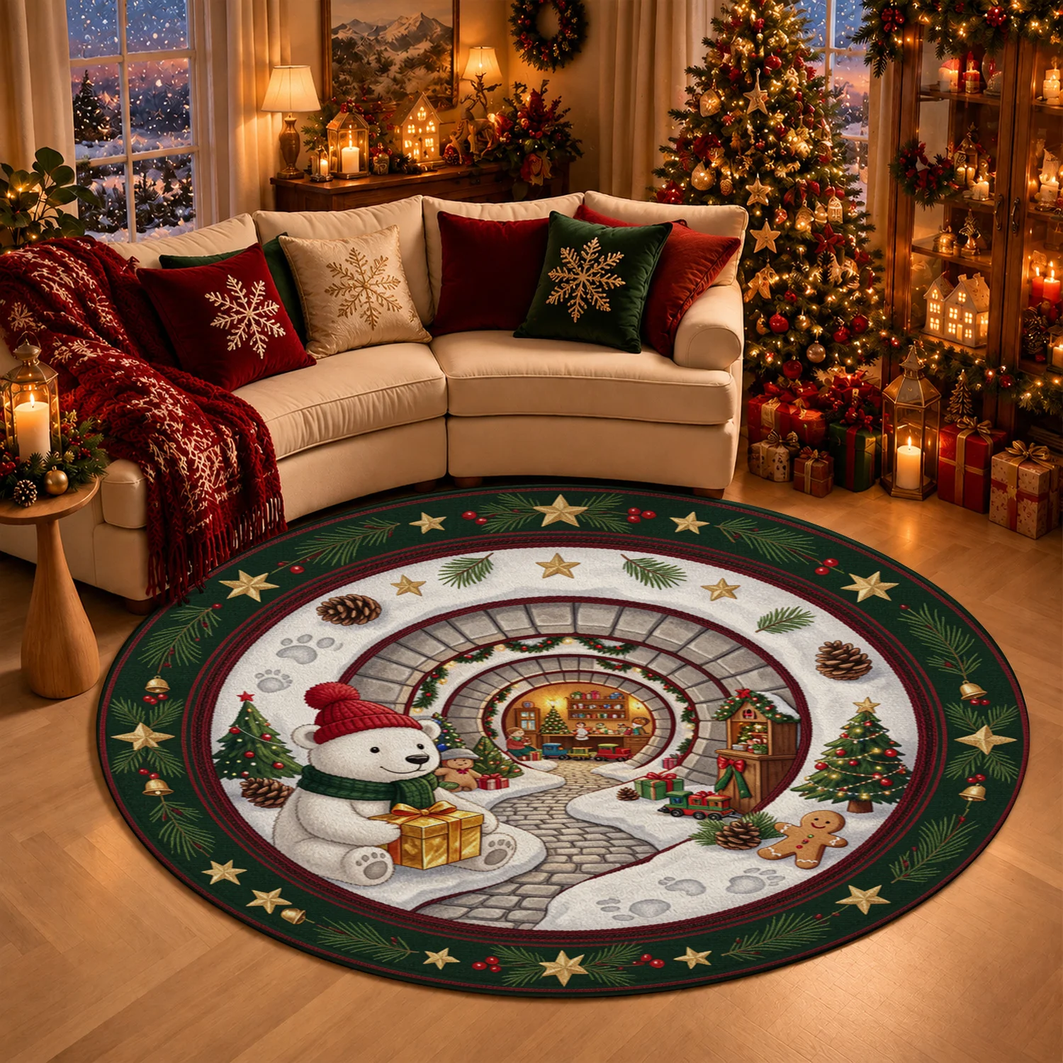 Christmas Polar Bear Gingerbread Man Winter Tunnel Round Pattern Velvet Rug Machine Washable for Living Room Bedroom Dining Room Entryway Great for Halloween Thanksgiving Black Friday Cyber Monday Christmas New Year