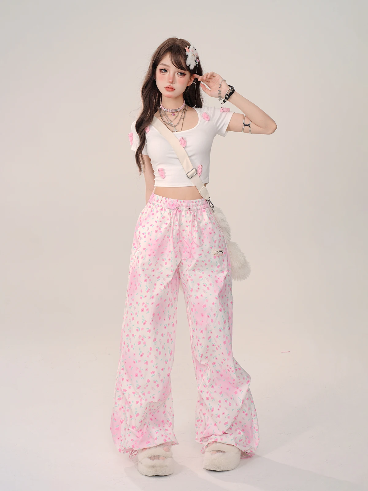 Girly Sweet Y2k Elegant All-Match Printed Wide-Leg Pants Autumn New Korean Fashion Loose Slim Casual Pants Women Pink Mop Pants