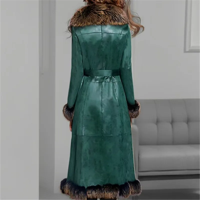 Faux Leather Coat for Women,Faux Fox Fur Collar Jacket,Adjustable Waist Outwear,Luxury,Korean,Autumn and Winter