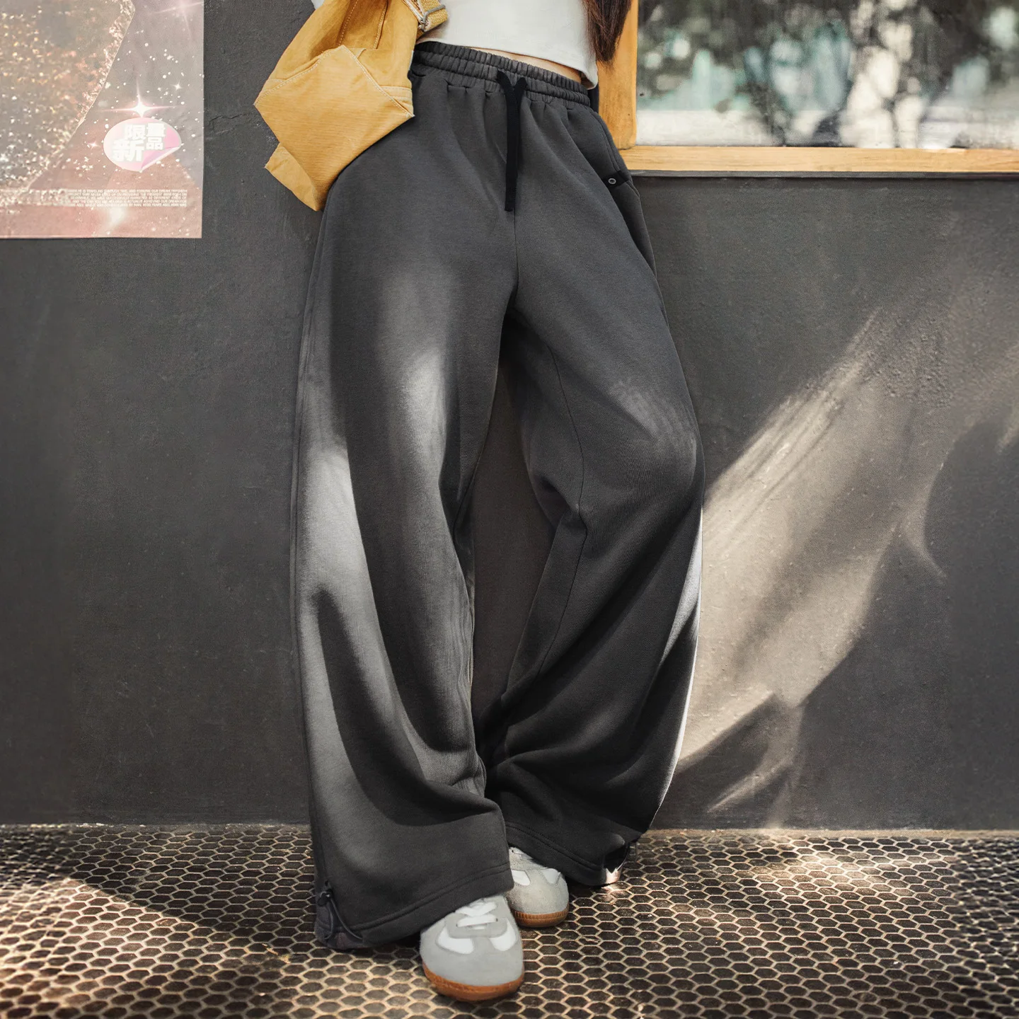 Maden Women’s Wide Leg Sweatpants Loose Fit Long Trousers Casual Commuter Knit Cotton Adjustable Hem Pants Autumn Winter