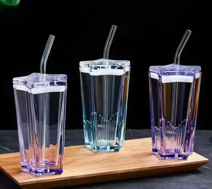 Vaso con pajita de 300Ml, vasos para beber de estrella de cristal con pajita, tapa de plástico Pentagonal para café, leche, a prueba de fugas con tapa, taza para beber