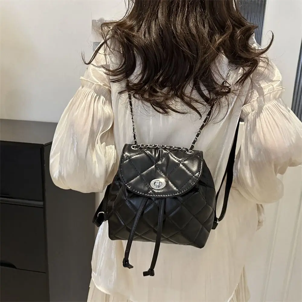 Cute Small Backpack Large Capacity Pu Leather Rhombic Lattice Chain Shoulder Bag School Bag Korean Style Pu Bucket Bag Outdoor