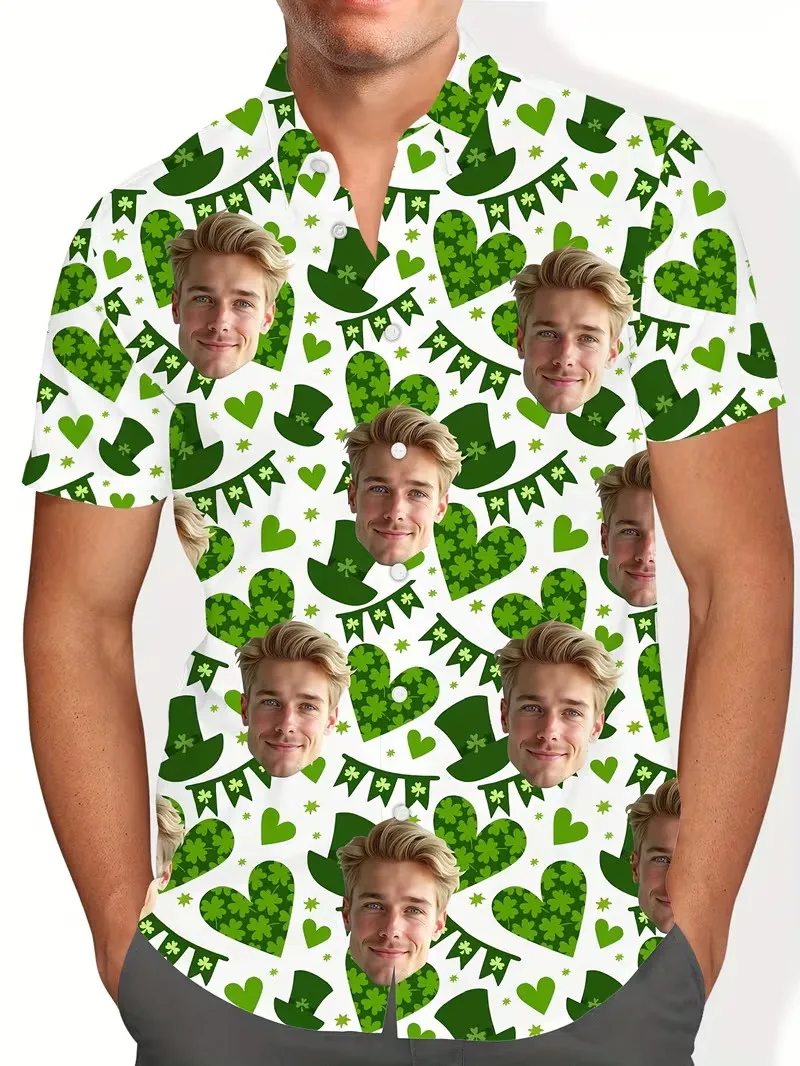 

Мужская рубашка на День Святого Патрика с индивидуальным фото, повседневная, с коротким рукавом, на пуговицах, в гавайском стиле, с отложным воротником, оверсайз, футболка