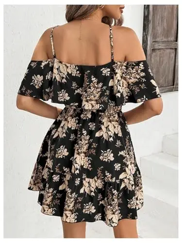 Elegant Off-Shoulder Floral Mini Dress With Ruffled Sleeves And A-Line Silhouette For Summer Vacation