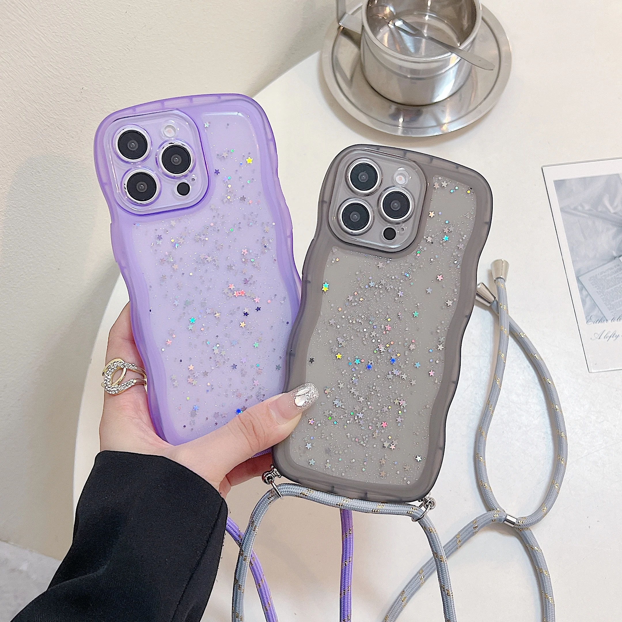 Adjustable Strap Case For Samsung Galaxy S24 Ultra S23 S22 S20 FE Note 20 A55 S21 Plus Star Glitter Crossbody Lanyard Neck Cover