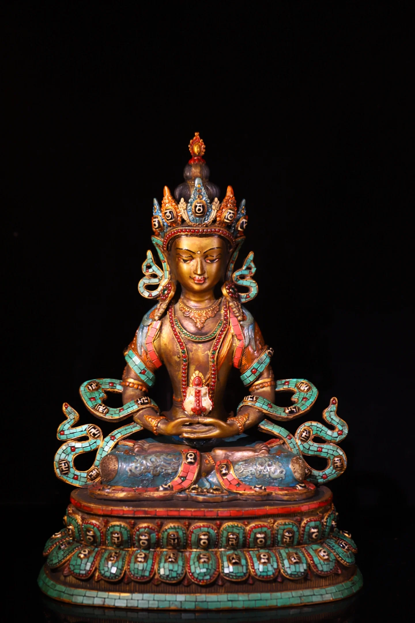 Old Lima Copper Painted Mosaic Gem gZi Beads Turquoise Amitayus  Longevity Buddha Amitabha Worship Hall Town house