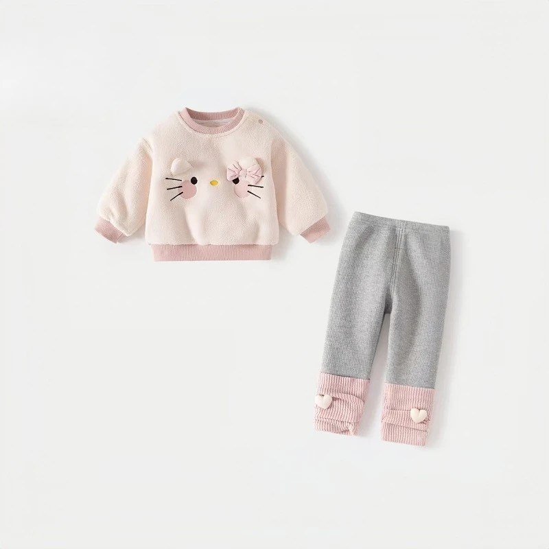 

Kawaii Hello Kitty Sanrio Children Cute Cartoon Comfortable Warm Hoodie Add Cotton Coat Trousers Sportswear Gift for Kids
