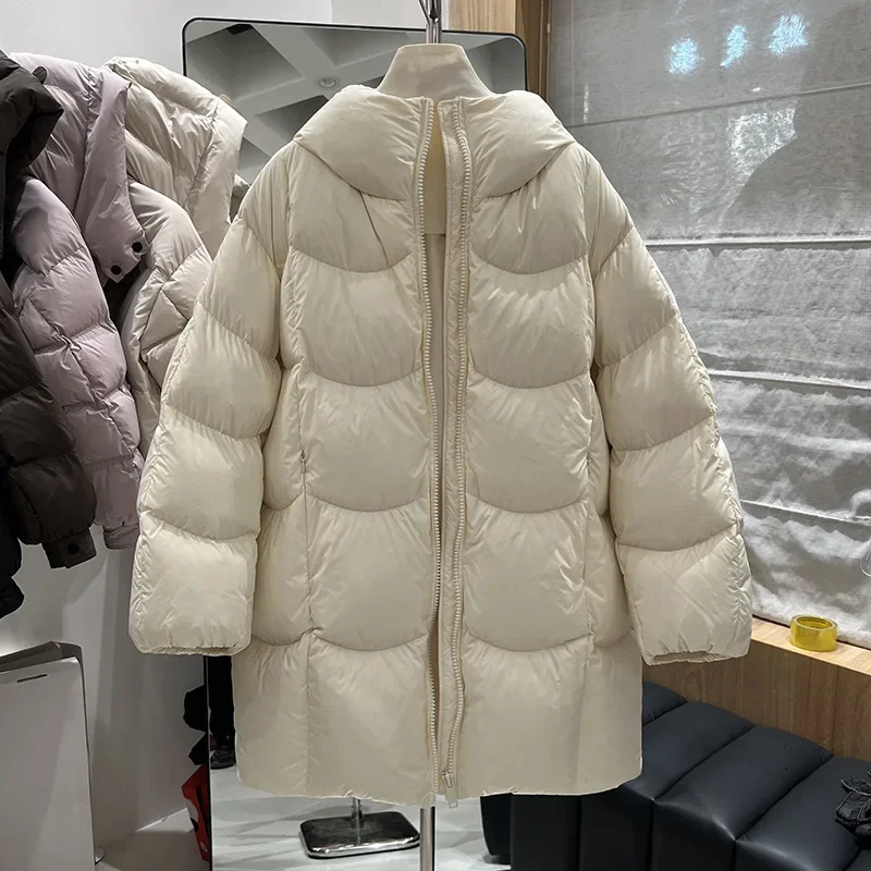 Europejska i amerykańska zimowa nowa kurtka puchowa damska, luźna, do dojazdów do pracy, wiatroodporna, z kapturem, 90% biały puch kaczy, ciepła kurtka.