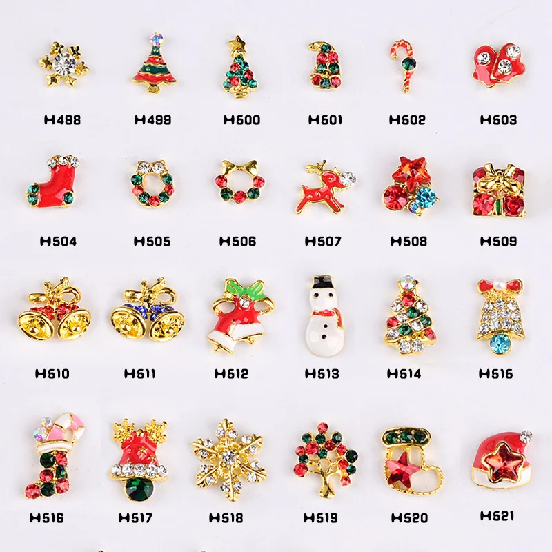 10PCS Glitter Diamonds Christmas Tree Xmas Decorations Treetop Star Snowflake Bell Metal Nail Art Rhinestones Manicure Ornaments