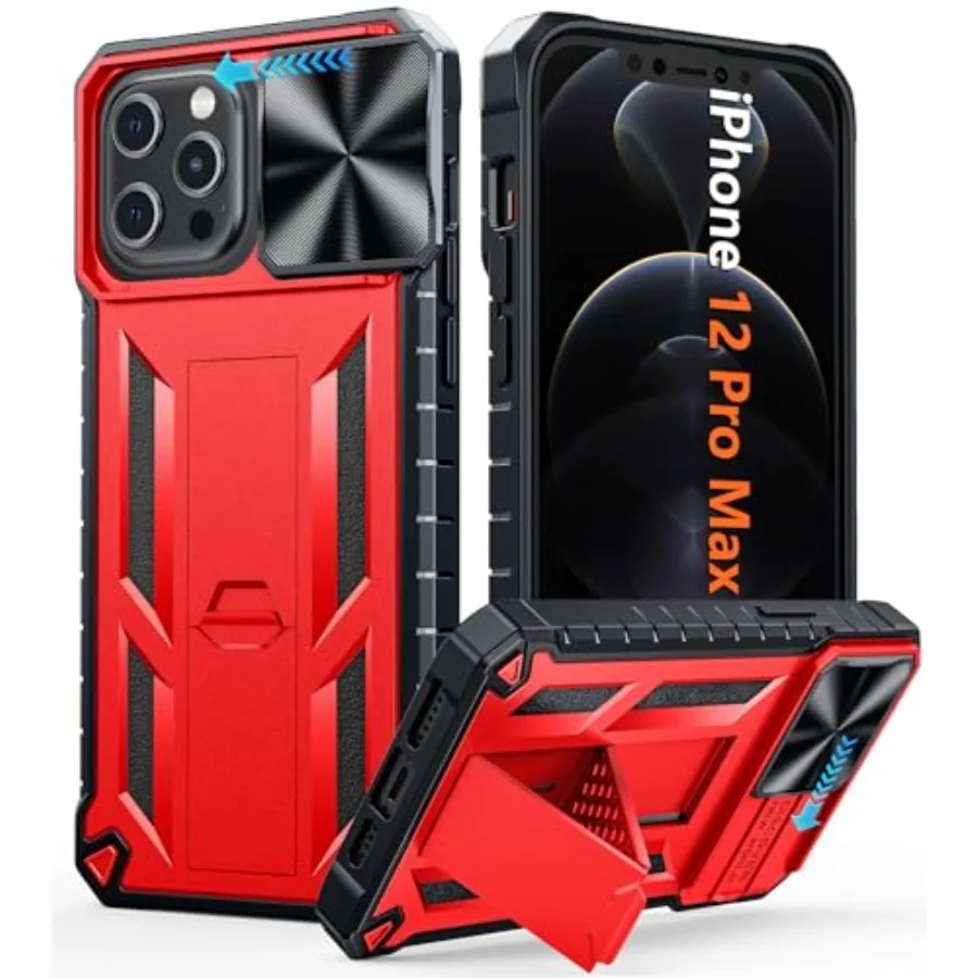 

for iPhone 12 -Max Cae: Red Military Ge Drop of tecn Phone Cover with Kicktand Heavy Duty hockof TPU tective Tough Matte Textur