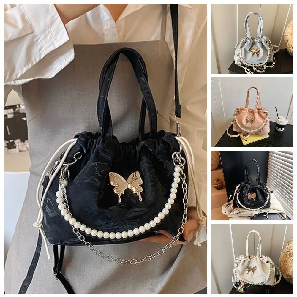 

Magnetic Buckle Silver Butterfly Backpack Butterfly Decor Metal Chain Drawstring Shoulder Bag Large Capacity Pearls Chain