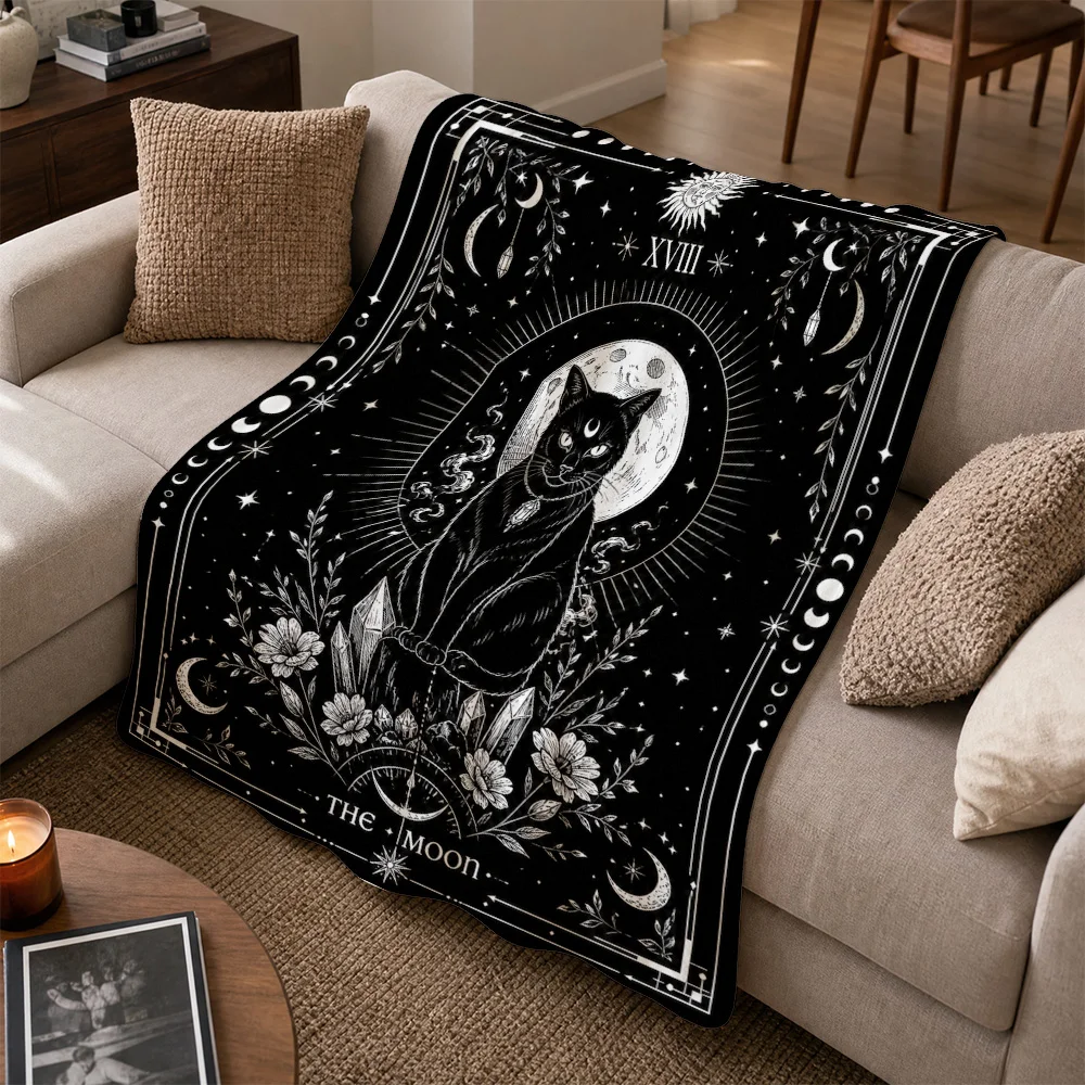 Decorative Celestial Moon Cat Throw Blanket Sofa Decor Bohemian Astrology Witchy Gothic Cosmic Plush Tapestry for Living Room Ho