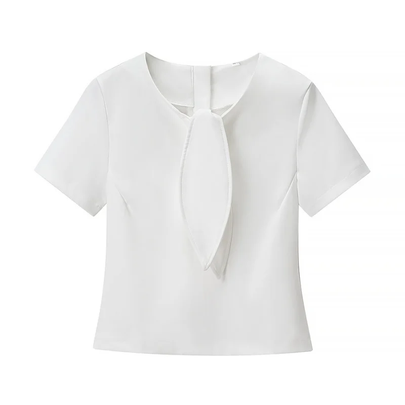 ชุดเซ็ต 2 ชิ้นสำหรับผู้หญิง ฤดูใบไม้ร่วง เสื้อยืดคอกลมแขนสั้นรูดซิปด้านหลัง + กระโปรงพลีทเอวสูง ชุดลำลองสำหรับใส่ทำงาน ปี 2025