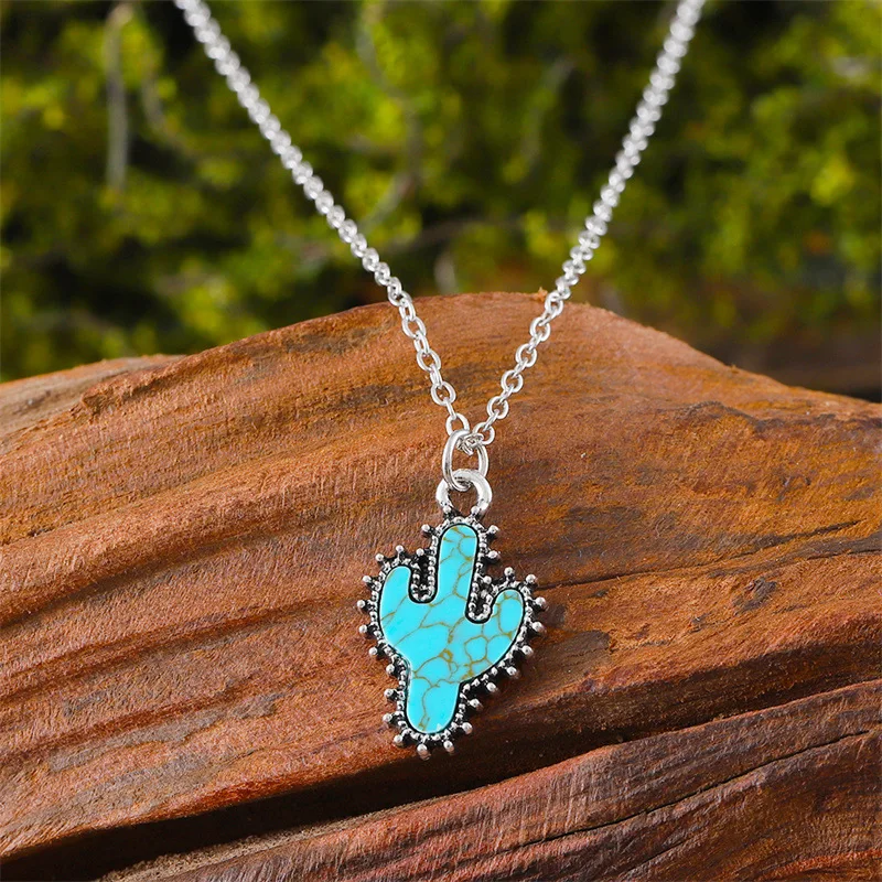 DIY accessories Korean version of fashion cactus turquoise earrings necklace set, Mori simple wind green plant alloy jewelry